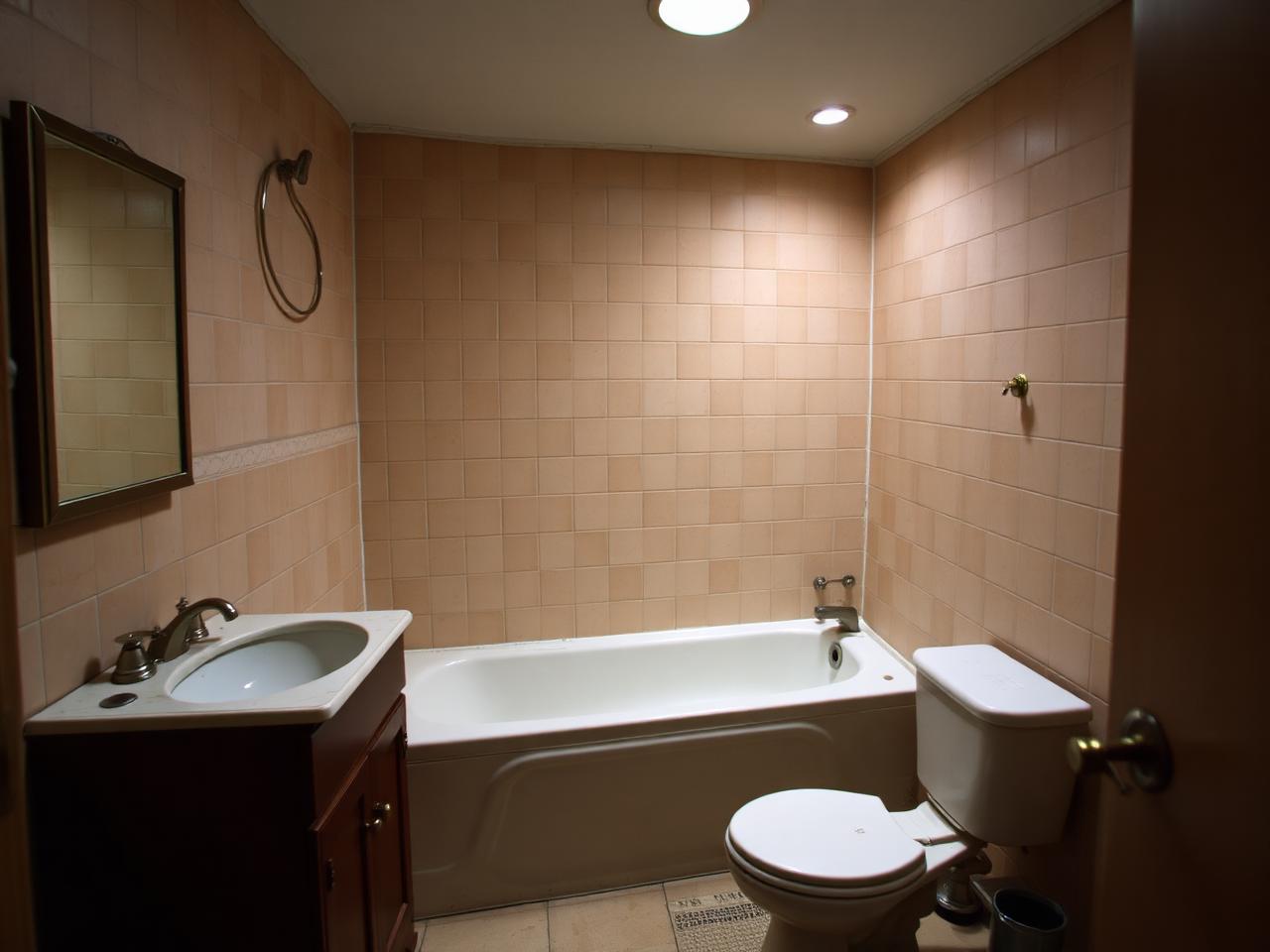 Dated bathroom before renovation with beige tile and small vanity