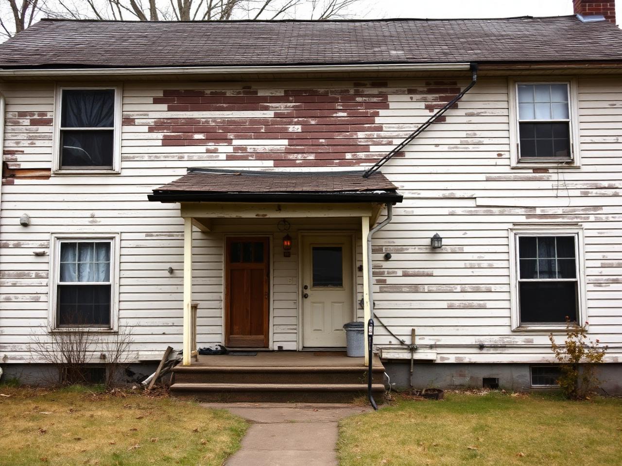 Tired home exterior before renovation with worn siding