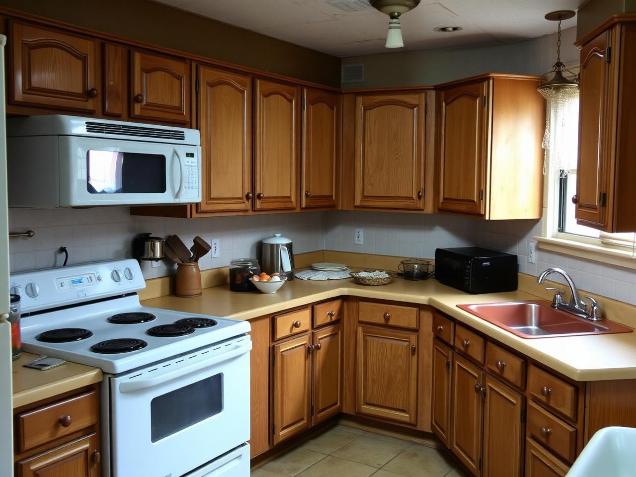 Dated kitchen before renovation with oak cabinets and laminate counters