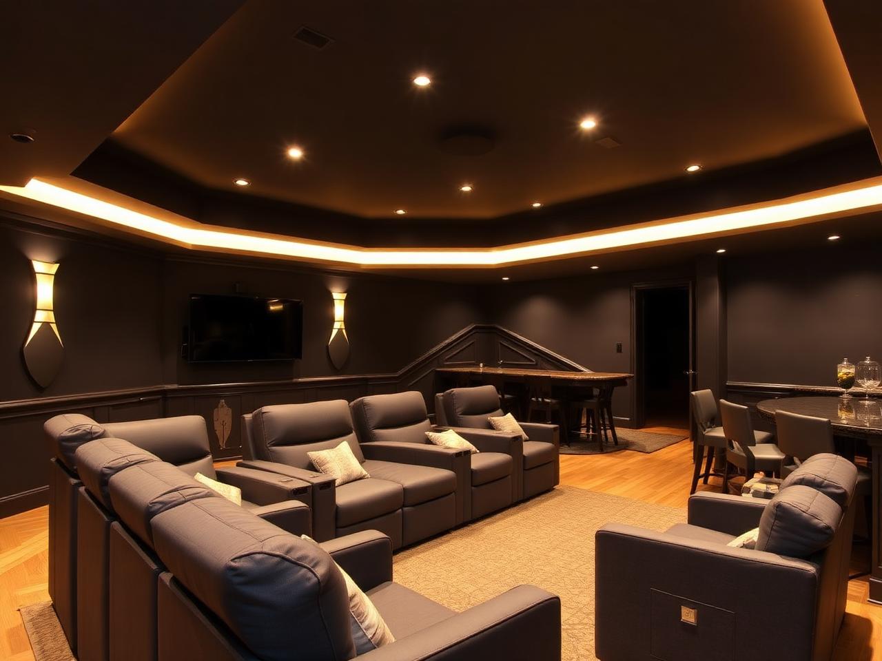 Finished basement with theater seating and bar area