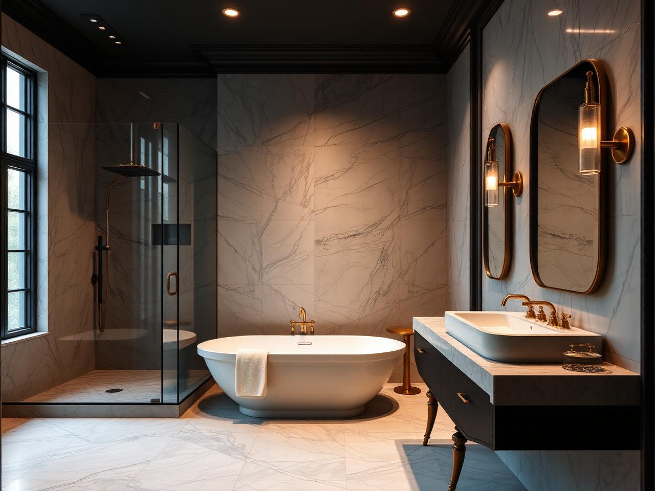 Renovated bathroom with marble tile, walk-in glass shower and freestanding tub