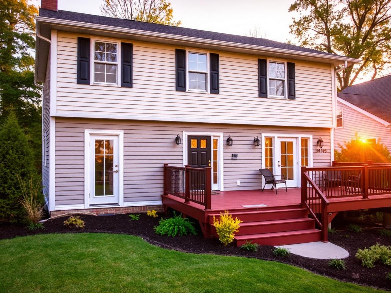 Renovated home exterior with new siding, deck and landscaping