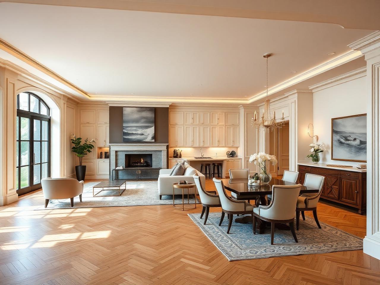 Open concept renovated living and dining space with millwork and warm lighting