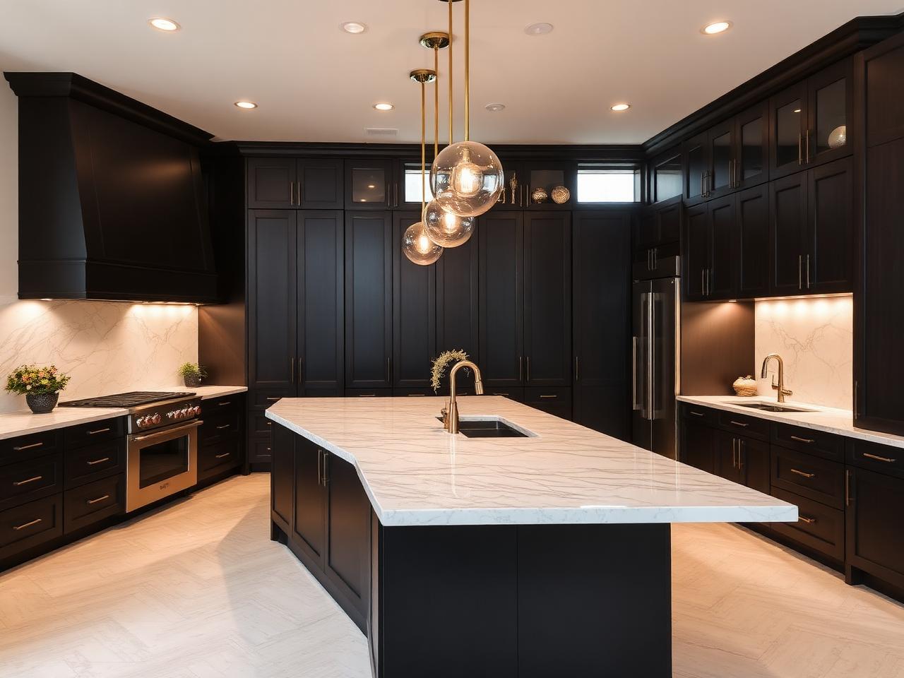 Renovated kitchen with custom dark cabinetry and stone island
