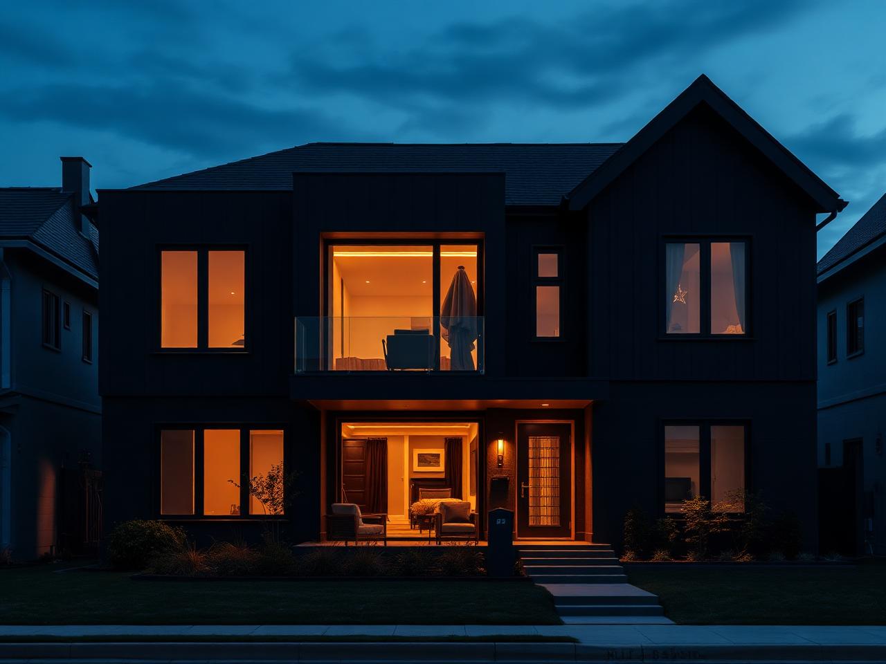 Newly built modern residential home exterior at dusk with warm glowing windows