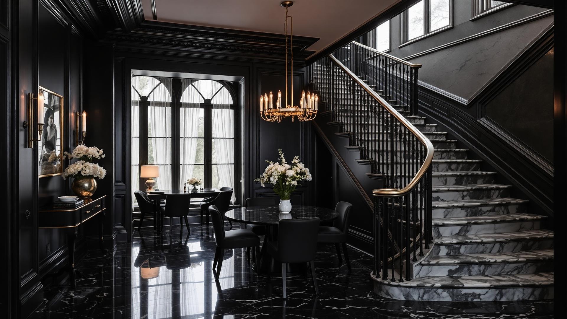 Elegant dark interior with marble staircase and brass chandelier