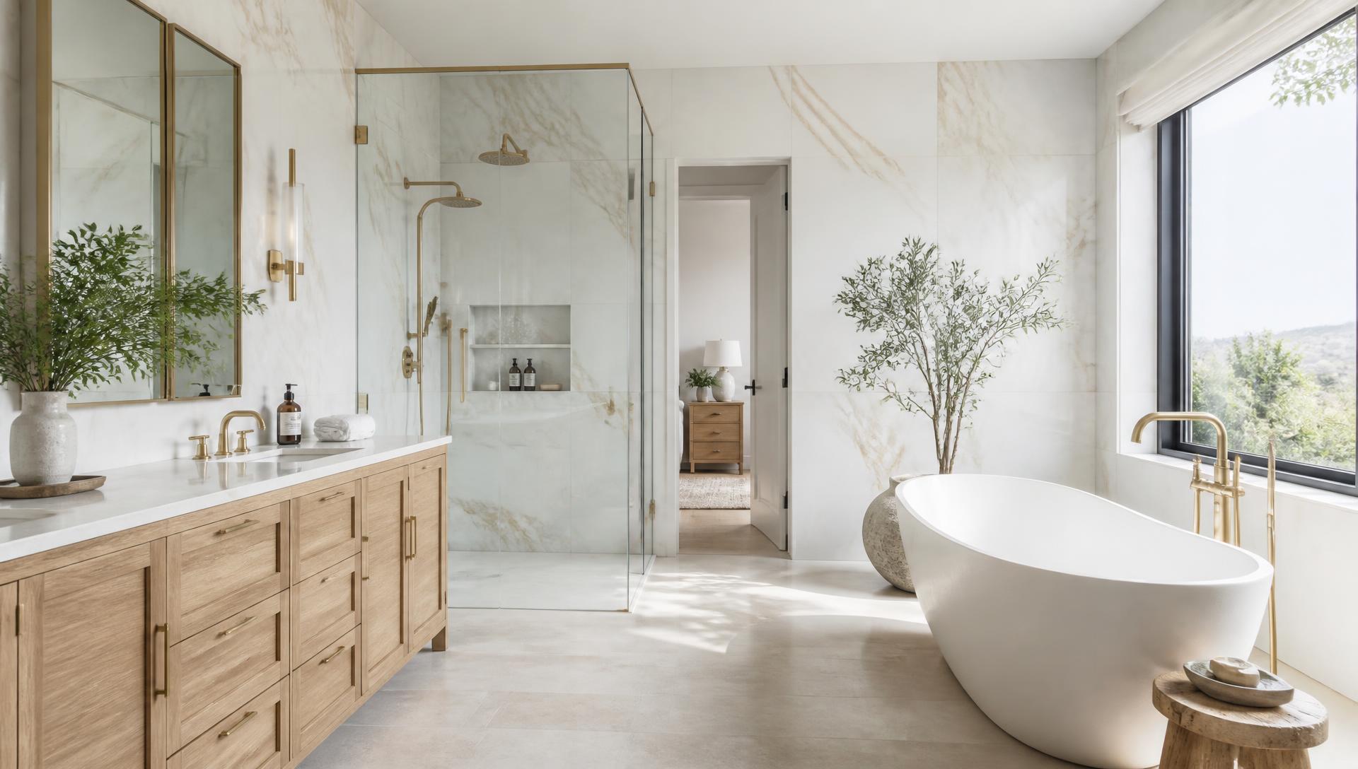Bright luxury bathroom renovation by Paramount Builders with marble walls, frameless walk-in shower, freestanding tub and brass fixtures
