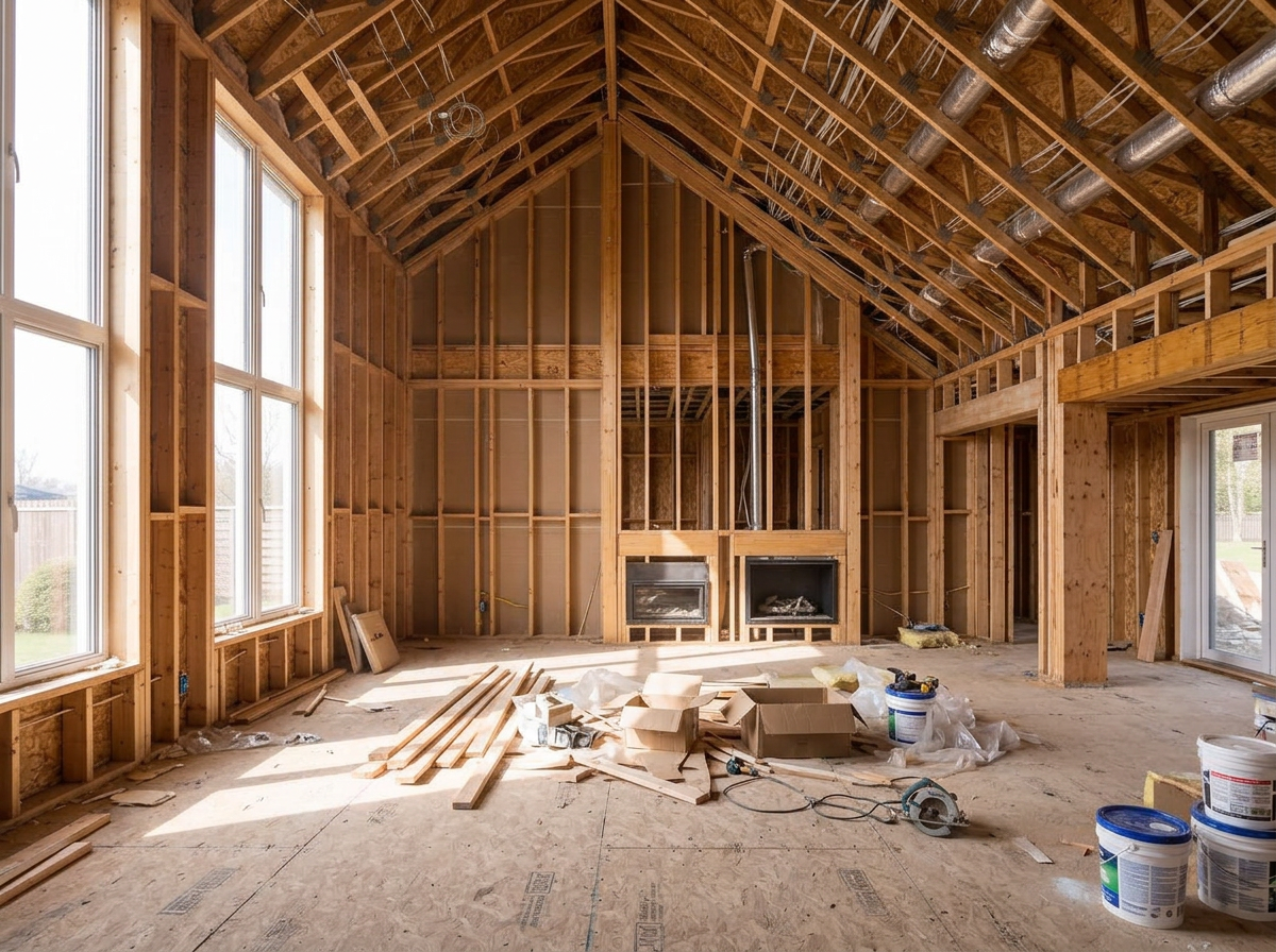 Kitchen — Rough-In to Complete — construction state, same camera angle